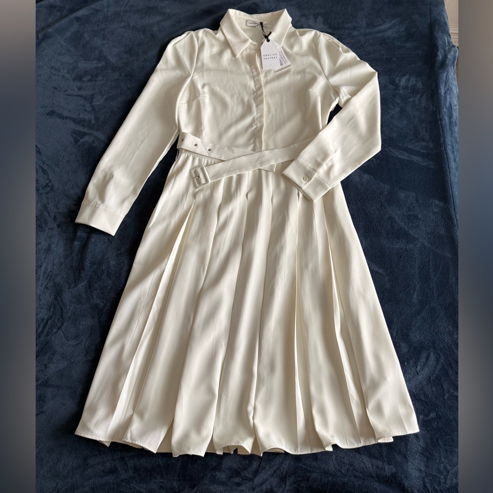 English Factory Pleated Collared Long Sleeve Midi Dress Sz M Cream Quiet Luxury - Picture 2 of 14